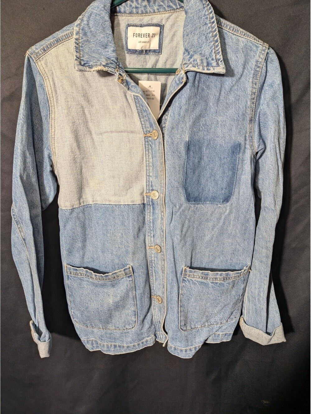 Forever 21 Premium Denim Jacket NWT Colorblock Mixed Wash Utility Chore S